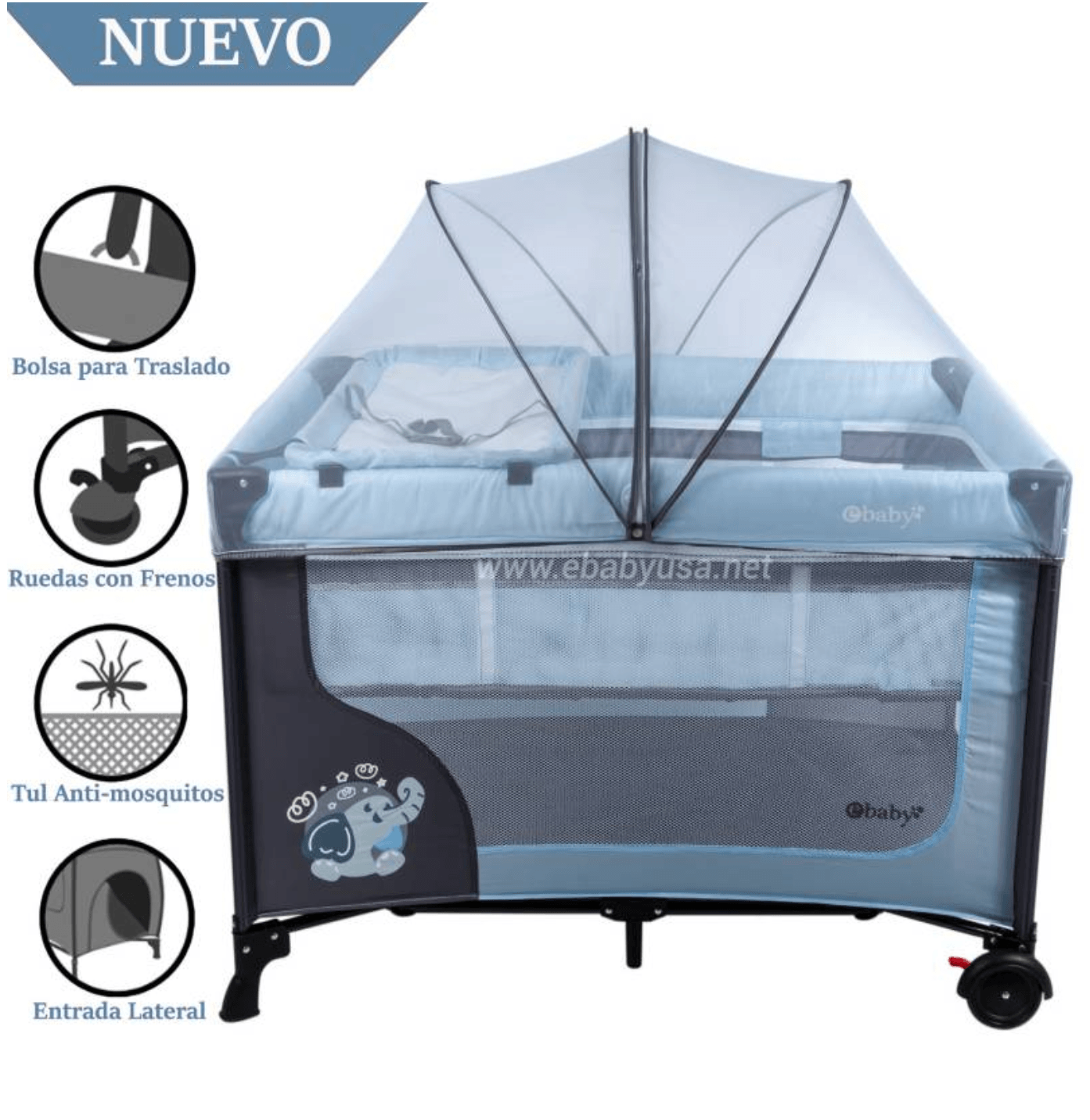 Cuna Corral Ebaby con Cambiador Happy Dream 727 Celeste