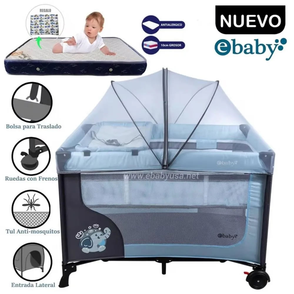 Cuna Corral EBaby Happy Dream 727-2 Celeste con Colchon Azul