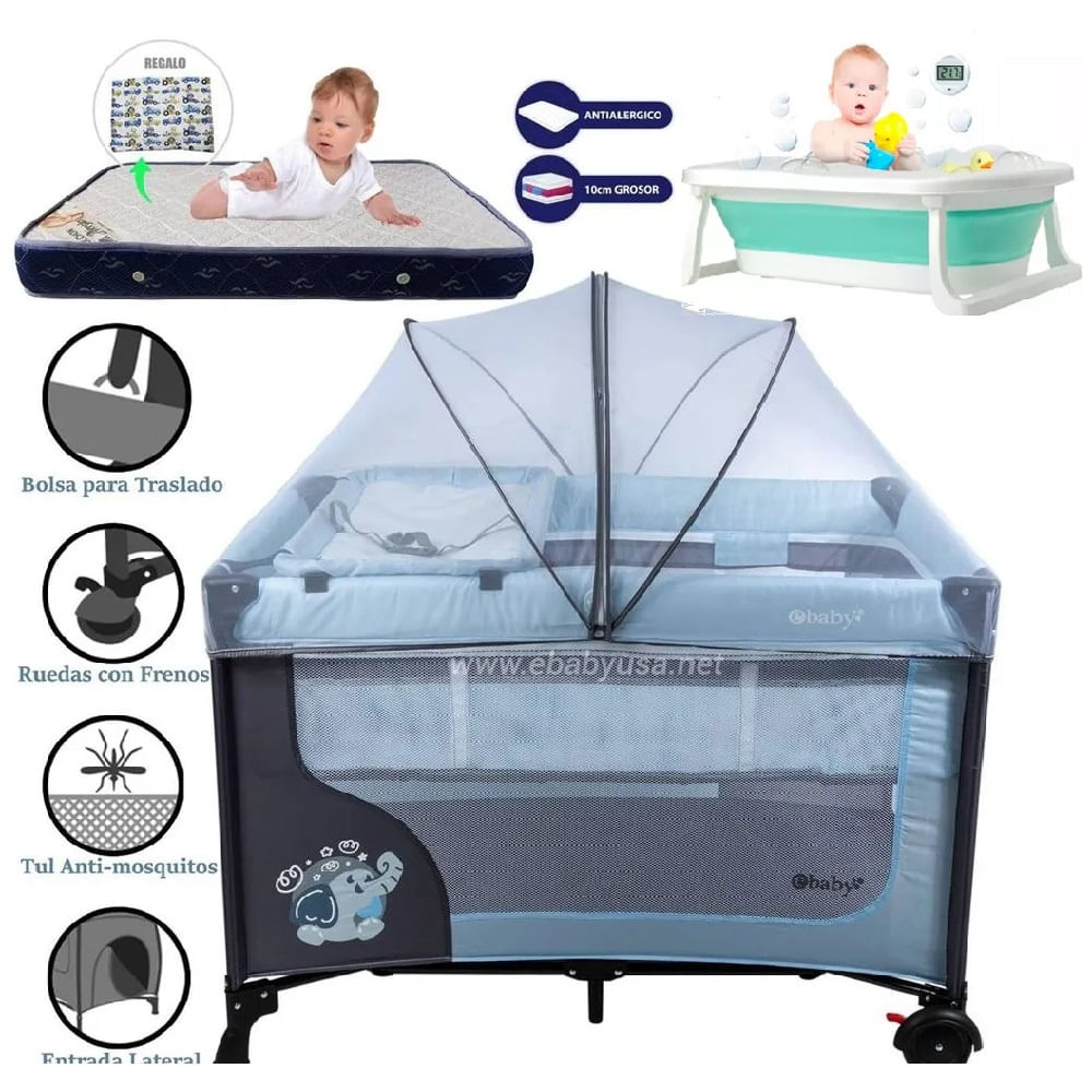 Cuna Corral Dream +Tina Plegable celeste + Colchón Azul