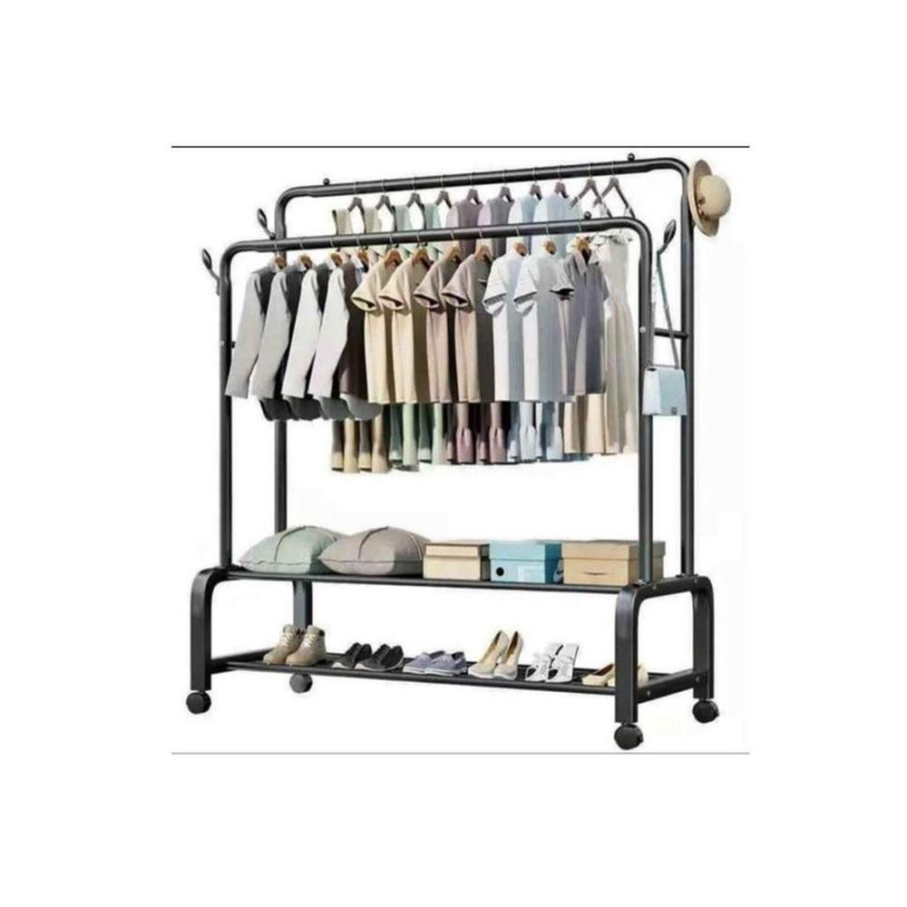 Perchero DOBLE Colgador Organizador De Ropa Con Zapateras Y ruedas