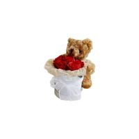 Oso de peluche de 25cm sentado con 7 rosas rojas artificiales