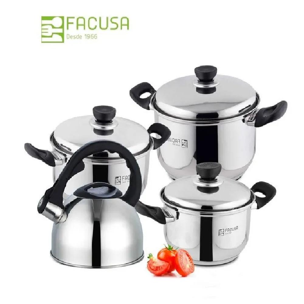 Juego de Ollas con tapa de acero + Tetera Acero Inoxidable 7 piezas