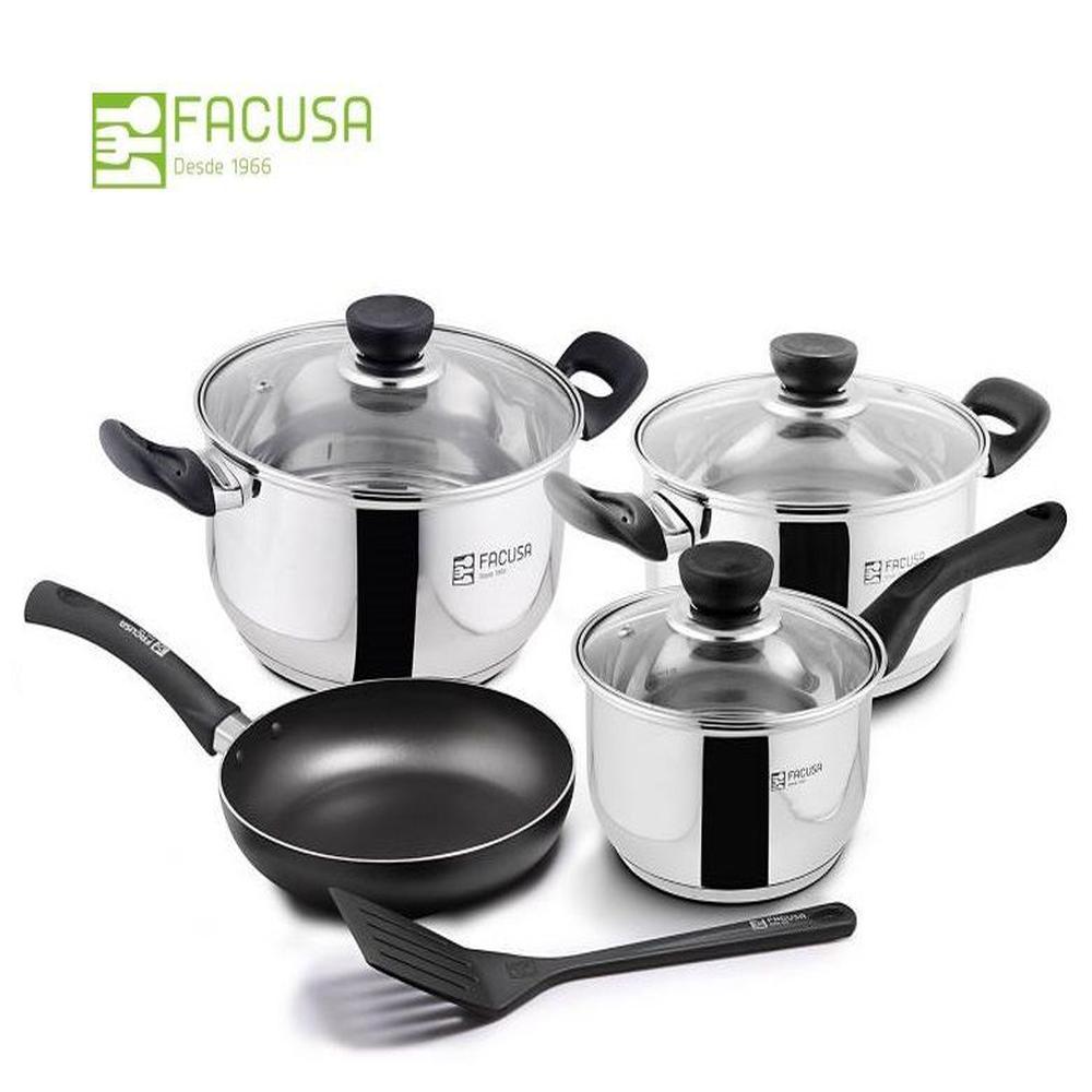 Juego de Ollas 8 Piezas Acero Inoxidable con tapa de vidrio Facusa