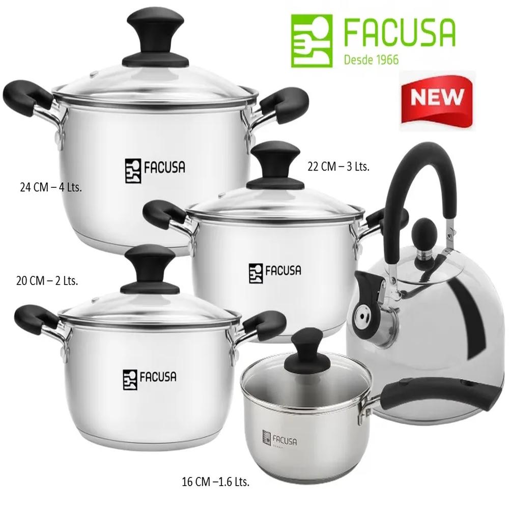 Juego de ollas 9 Piezas  Acero Inoxidable con tapa de vidrio Facusa