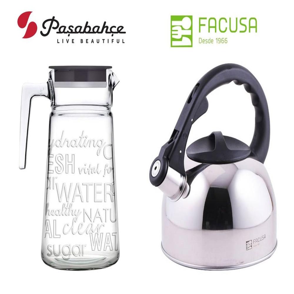 Jarra con Tapa Pasabahce Vidrio Turco  y Tetera Acero Inoxidable Facusa