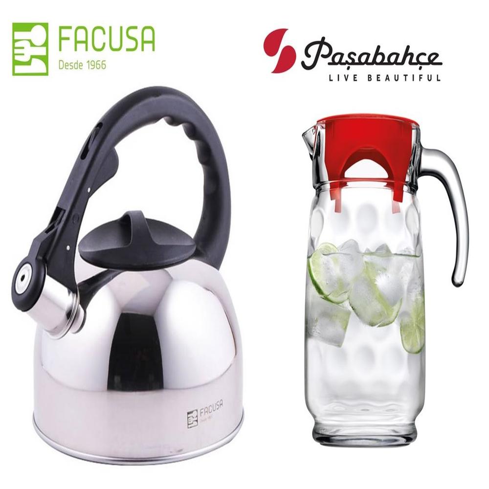 Tetera Acero Inoxidable Facusa y Jarra con Tapa Pasabahce