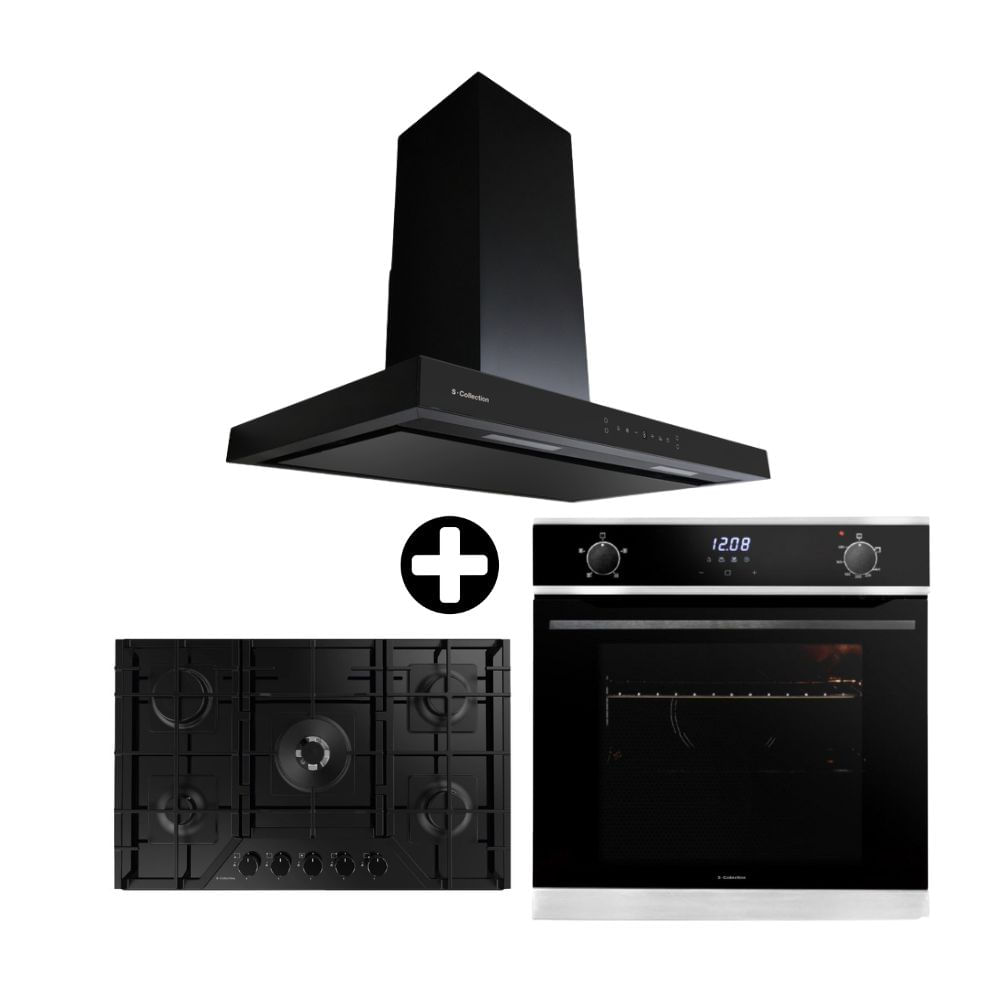 COMBO S-Collection: Cocina Encimera a Gas 76cm SOLCO060 + Campana Extractora Decorativa 90cm Stilux + Horno Empotrable a Gas 70L Full Touch