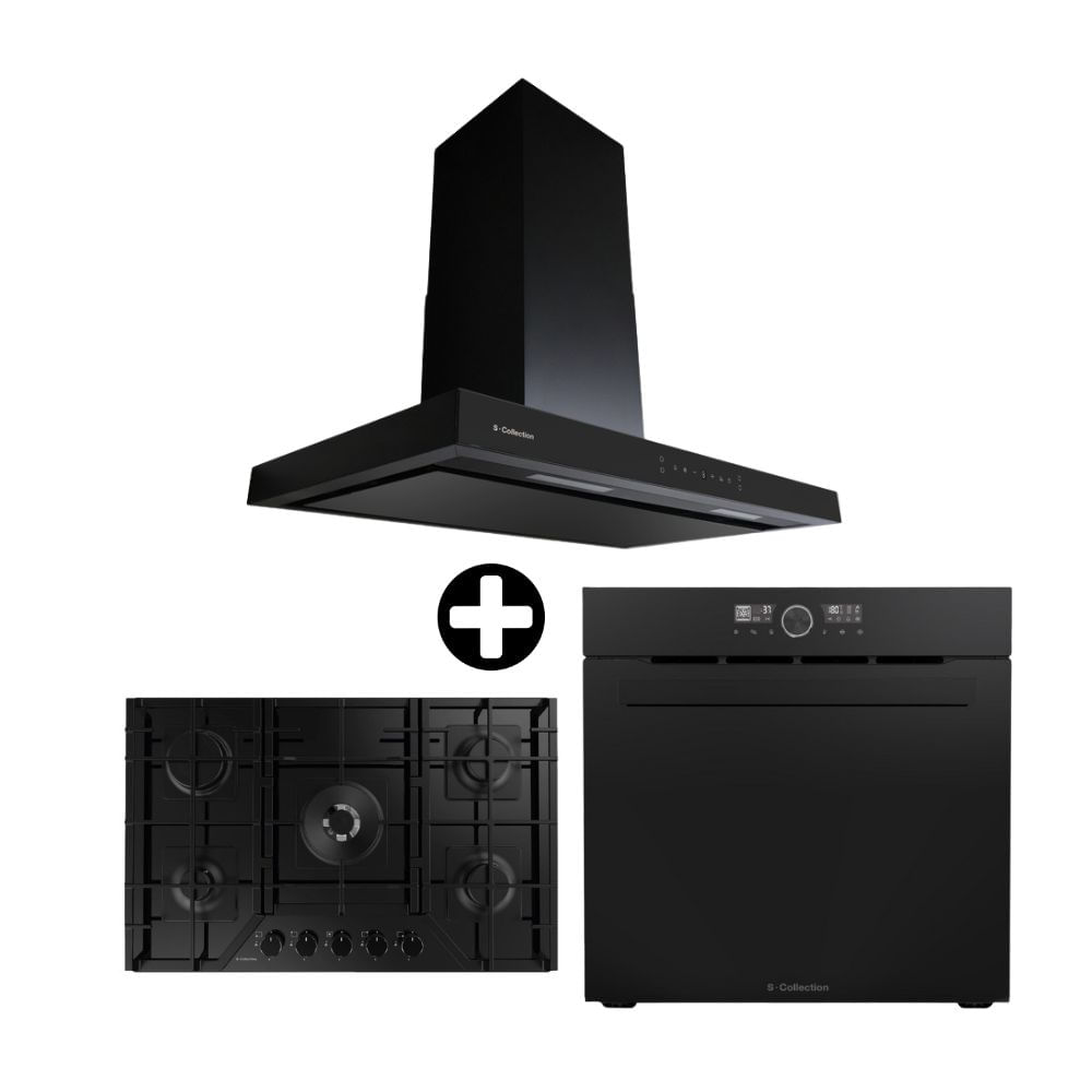 COMBO S-Collection: Cocina Encimera a Gas 76cm SOLCO060 + Campana Extractora Decorativa 90cm Stilux + Horno Empotrable Eléctrico 75L Pure Black
