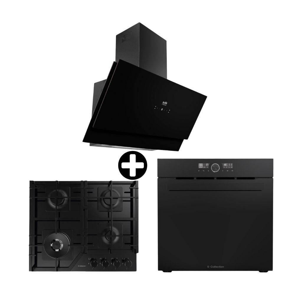 COMBO S-Collection: Cocina Encimera a Gas 60cm SOLCO066 + Campana Extractora Decorativa 90cm Signature + Horno Emprotrable Eléctrico 75L Pure Black
