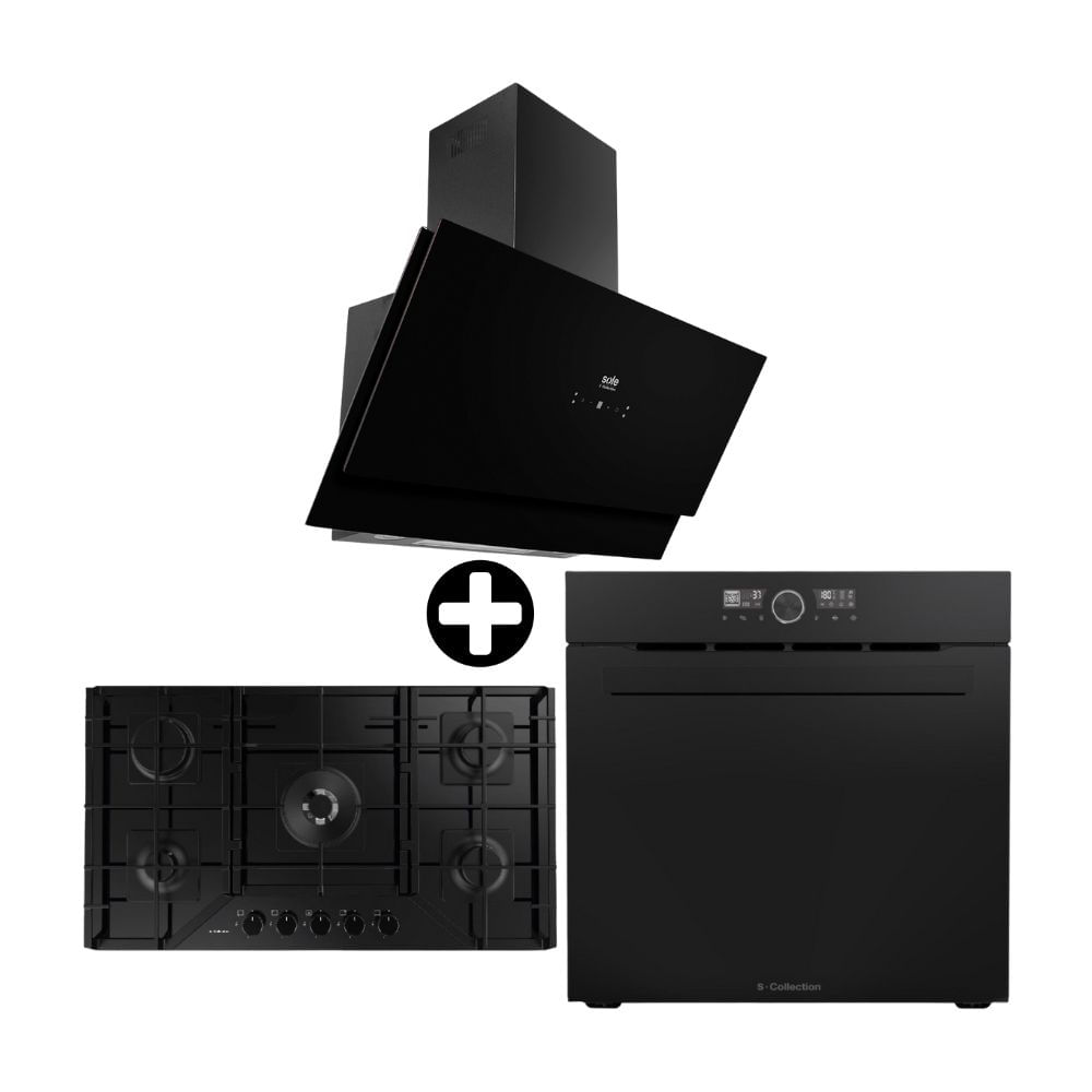 COMBO S-Collection: Cocina Encimera a Gas 90cm SOLCO067 + Campana Extractora Decorativa 90cm Signature + Horno Emprotrable Eléctrico 75L Pure Black