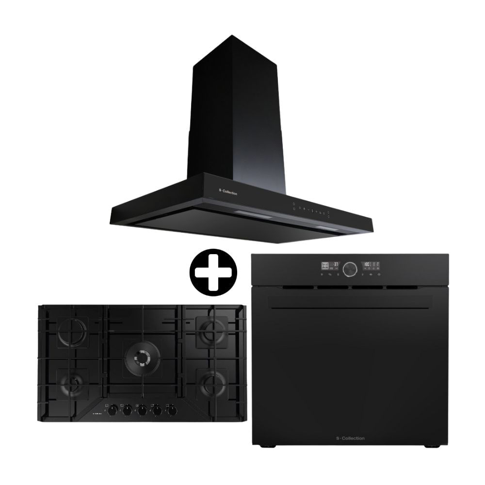 COMBO S-Collection: Cocina Encimera a Gas 90cm SOLCO067 + Campana Extractora Decorativa 90cm Stilux + Horno Empotrable Eléctrico 75L Pure Black