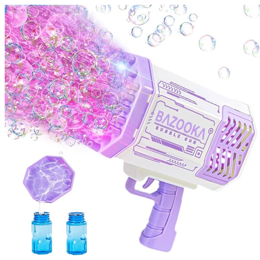 Bazooka Pistola 69 Agujeros Luces Cargador USB Lanzador de Agua Bublee Morado
