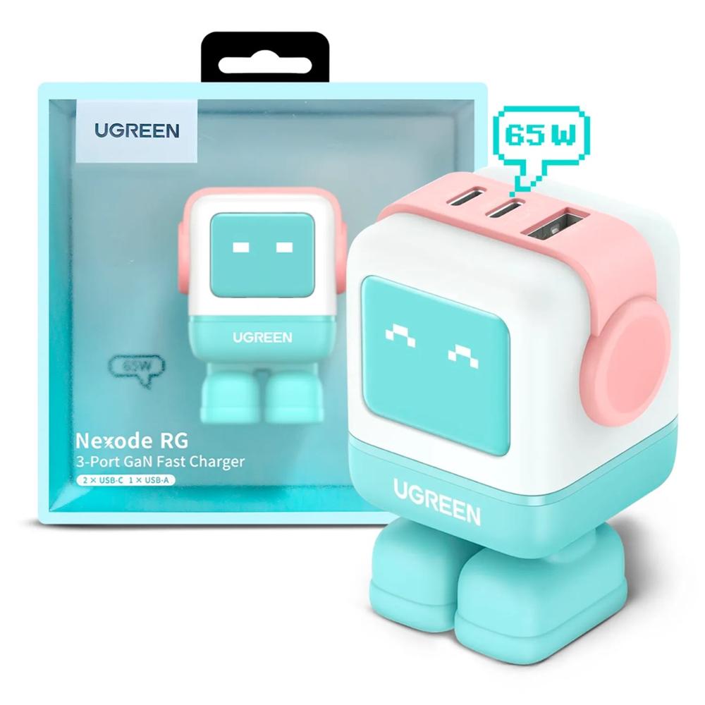 Cargador Ugreen Robot 65W Gan Nexode Adaptador Carga Rapida Verde
