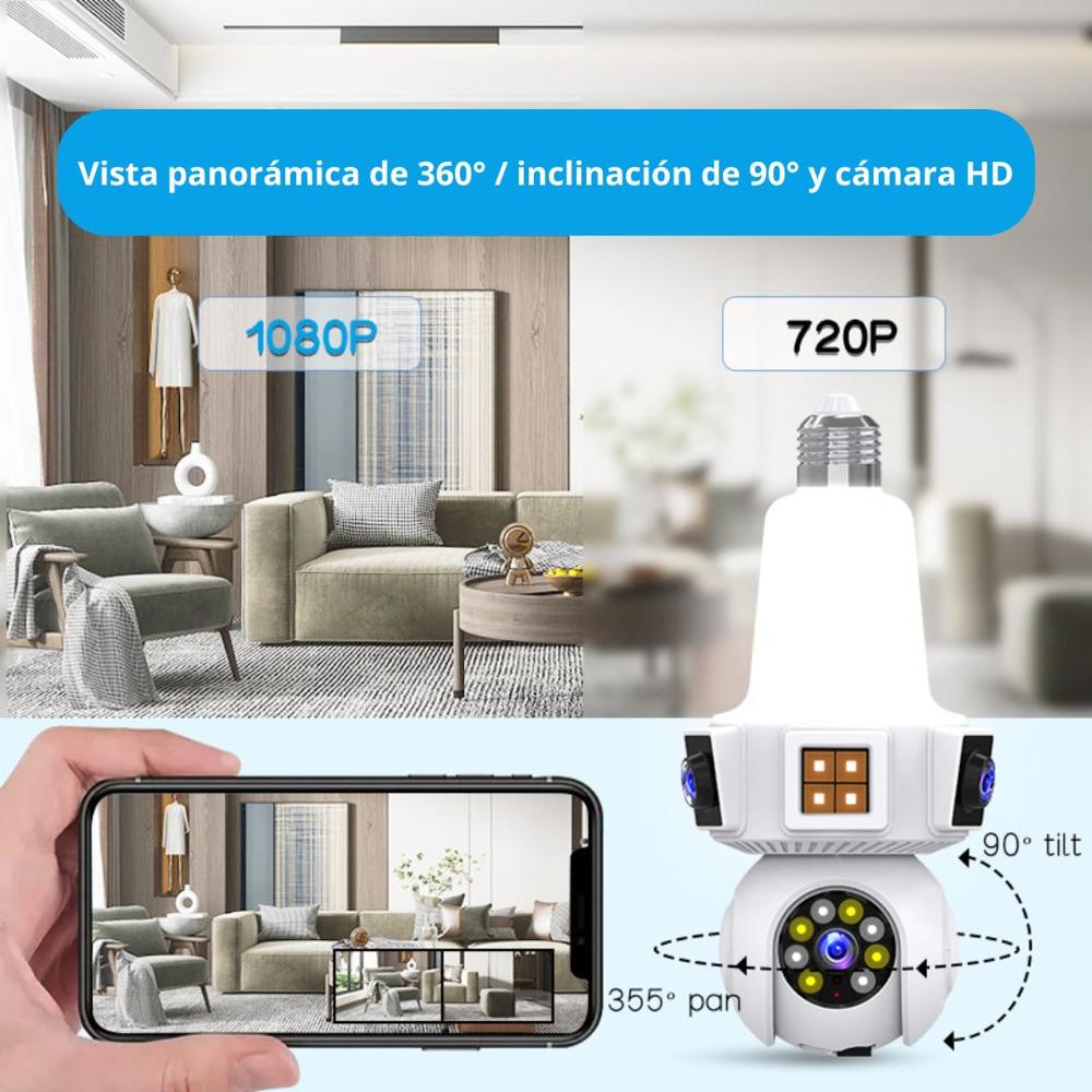 Foco Cámara WiFi 360° HD con Triple Lente Visión Nocturna Sensor y ...