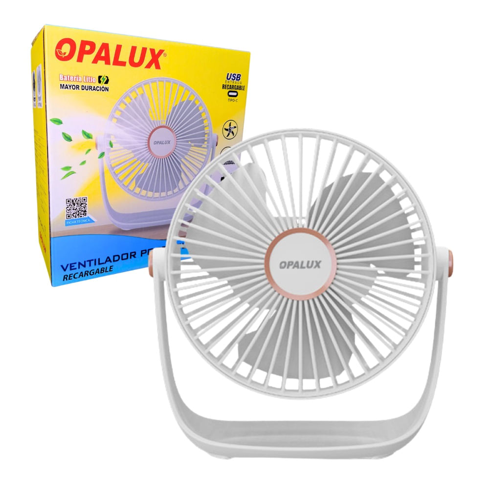 Ventilador Portátil Recargable Opalux Blanco 5 Velocidades Con Luz LED OP-TF60-BL