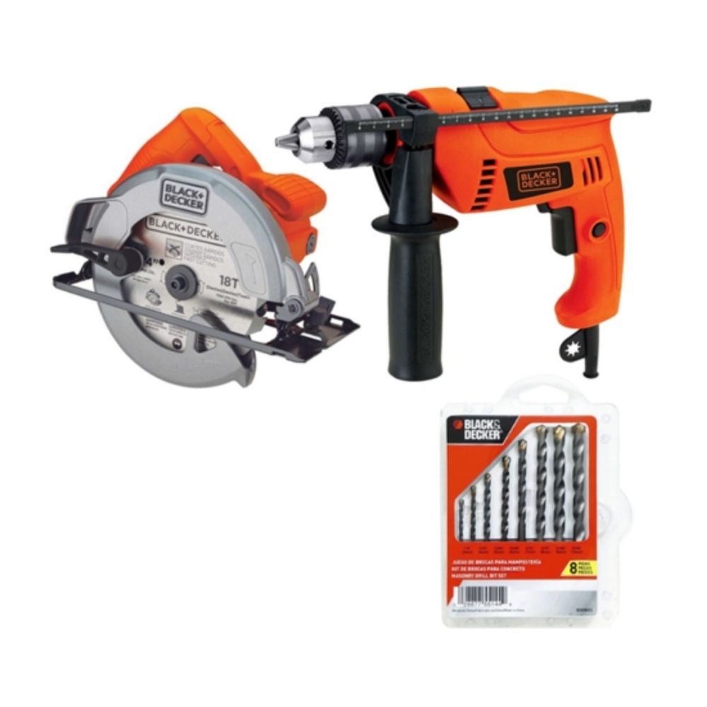 Combo Black&Decker: Taladro Percutor 1/2 550w + Sierra Circular 7 1/4 1400w + Set de Brocas 8 Piezas