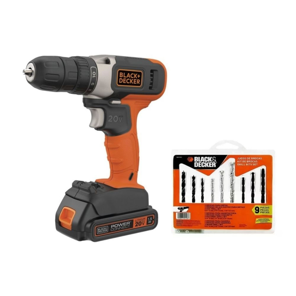 Combo Black&Decker: Taladro Atornillador 3/8"" 20v Bcd702c1-b2 + Set de 9 Piezas Bd0110cs