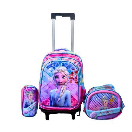 Mochila para Niñas con Ruedas Diseño Elsa Frozen Cartuchera y Lonchera Mochila para Niñas con Ruedas Diseño Elsa Frozen Cartuchera y Lonchera