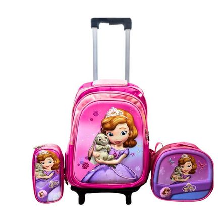 Mochila para Niñas con Ruedas Diseño Princesita Sofía Cartuchera y Lonchera