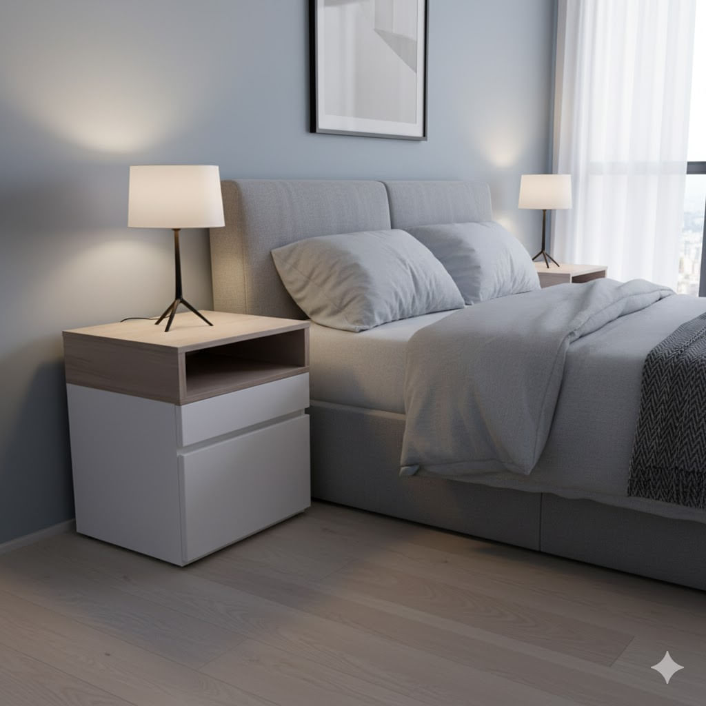 Velador melamina cajón y puerta combinación blanco y nácar