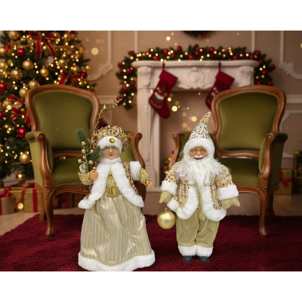 Set Pareja Papá y Señora Claus Lujo Dorado Navideño Decorativo