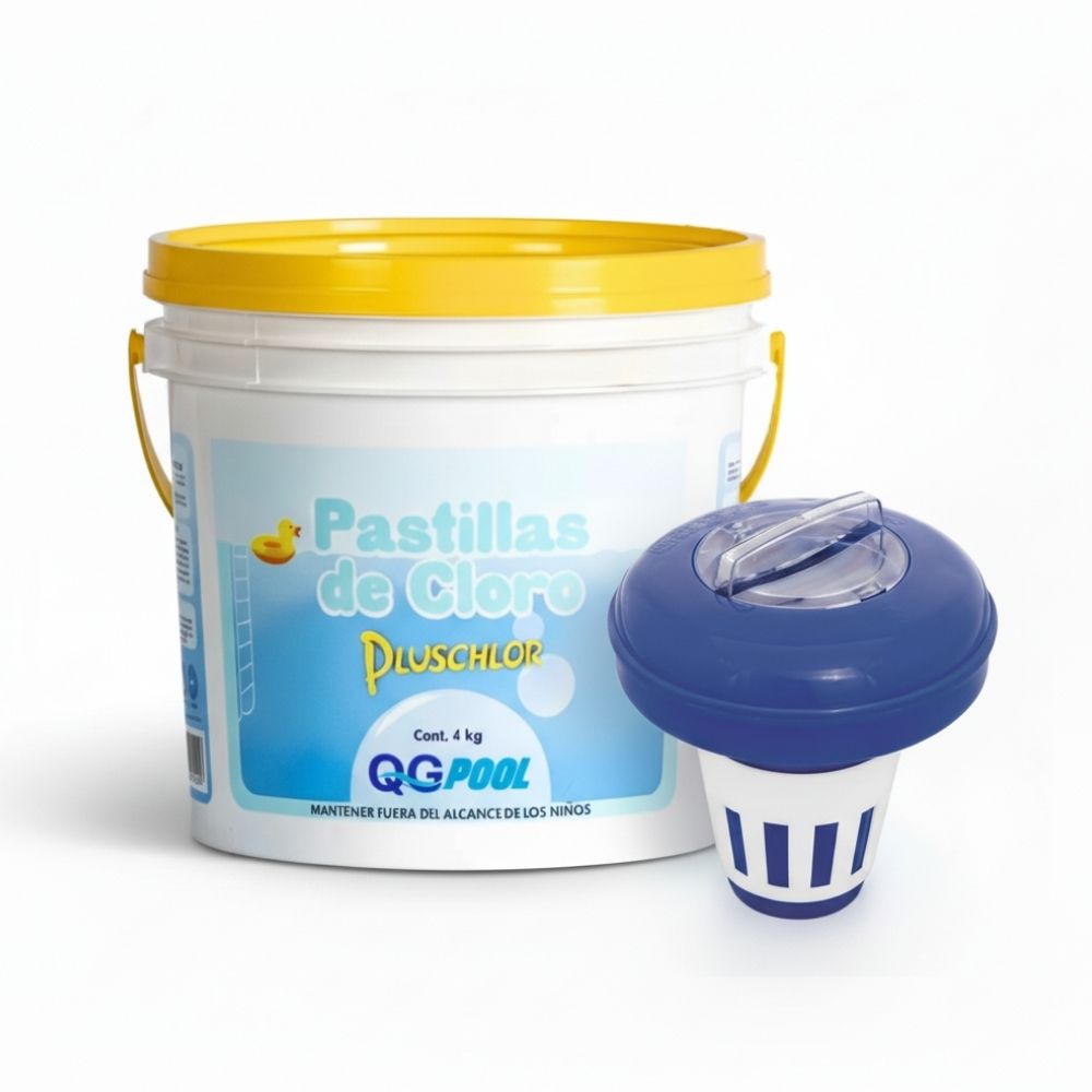 COMBO Cloro en pastillas para piscinas 4 kg Pluschlor + Flotador Flotante Polipropileno Bestway Azul de 16.5cm
