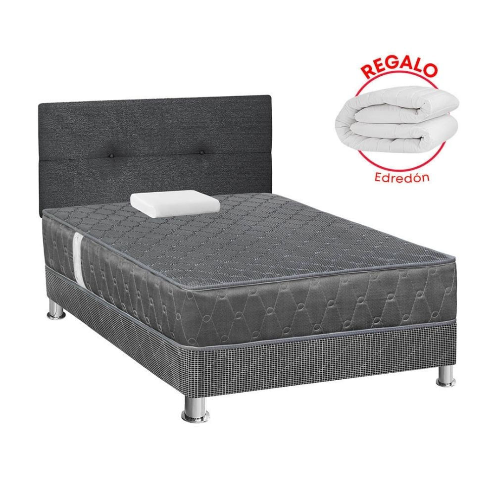 Cama Forli Acqua Gris 1.5 Plazas + Cabecera + Edredón