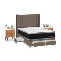 Juego de Dormitorio Forli Golden 4 Cajones 2 Plazas Marrón + Velador Milan
