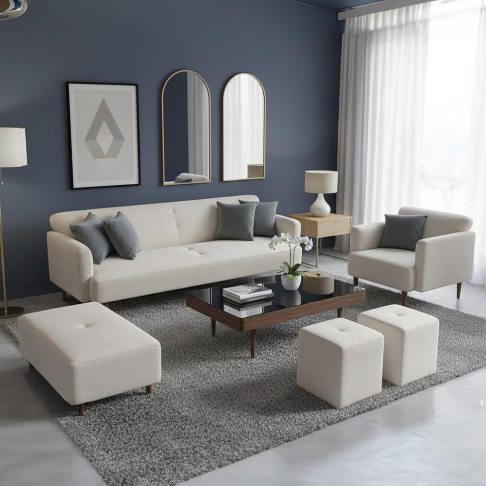 Juego de sala Afra 3-1 más banqueta y 2 puff de regalo Ivory