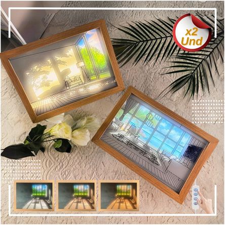 DUO Cuadros Lámpara LED Decorativo de Madera 3 Modos de Luz Graduable 2UNIDADES