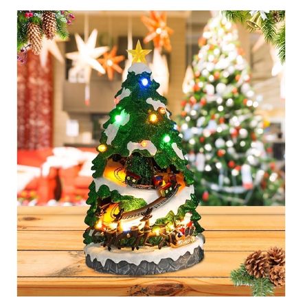 Villa Árbol Navideño Trenes Giratorios Trineo Papa Noel Musical Luces