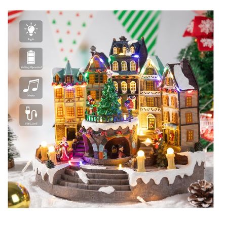 Villa Pueblo Navideño Árbol y Patinadores Giratorios Musical Luz Led Villa Pueblo Navideño Árbol y Patinadores Giratorios Musical Luz Led