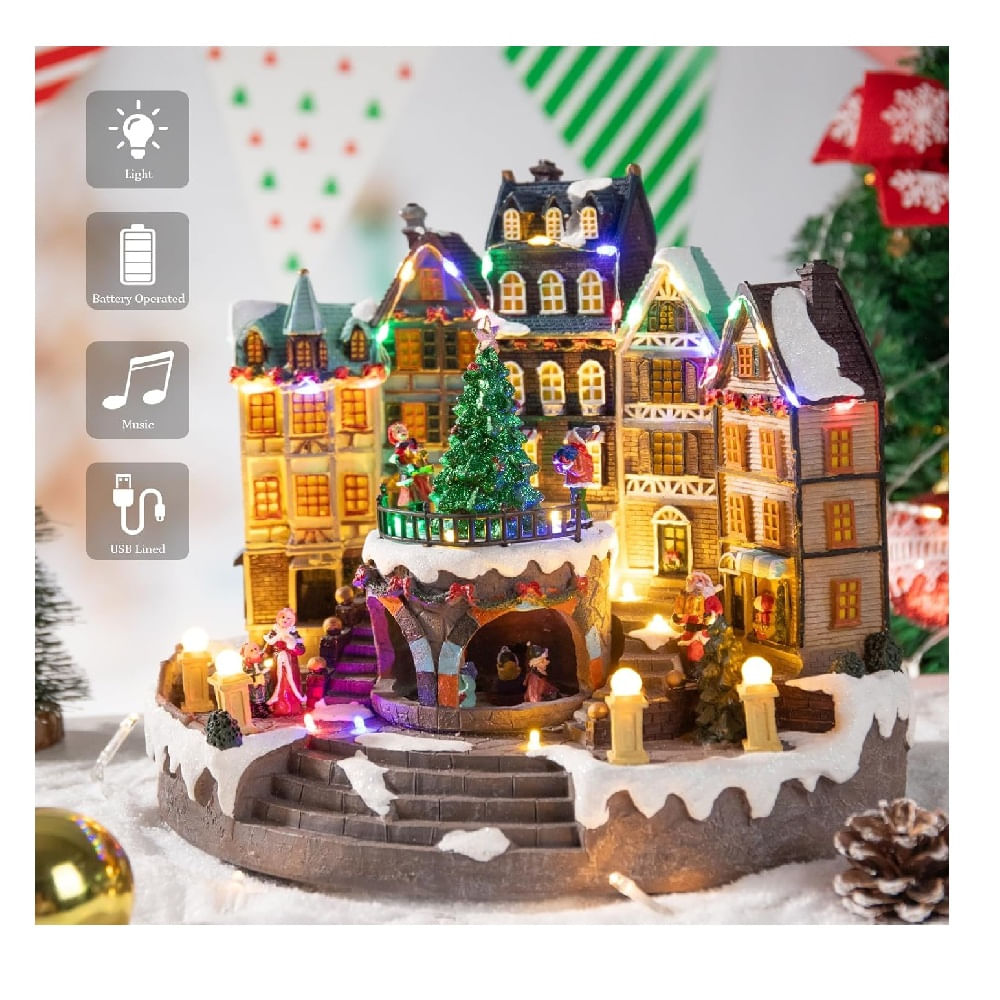Villa Pueblo Navideño Árbol y Patinadores Giratorios Musical Luz Led