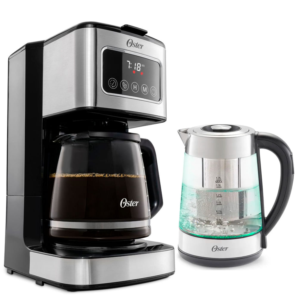 Cafetera Oster Con Pantalla Táctil de 12 Tazas mas Hervidor de Vidrio