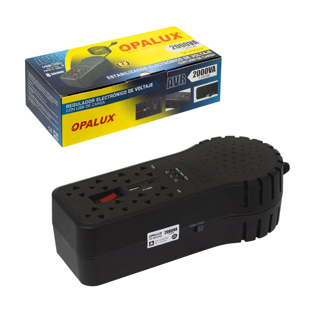 Estabilizador De Voltaje 1200W 8 Tomas con Entrada USB y Tipo C Opalux OP-8R2000V Estabilizador De Voltaje 1200W 8 Tomas con Entrada USB y Tipo C Opalux OP-8R2000V