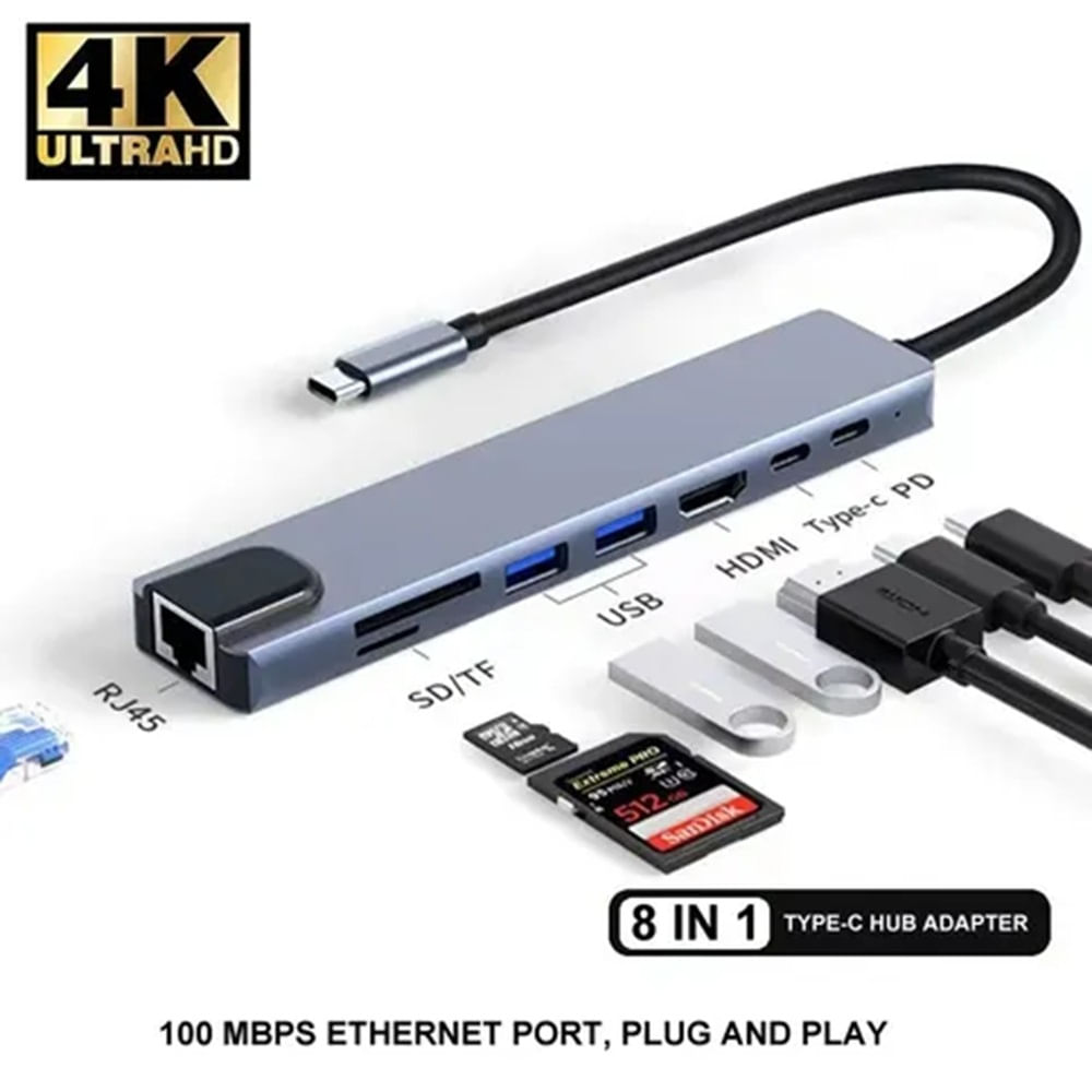 Adaptador 8 En  1 Hub Lan Hdmi Usb 3.0 Laptop Celulares Pc
