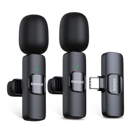 Micrófono Inalámbrico de Solapa Doble ROMAX Tipo C con Reducción de Ruido y Sonido Pro TSM0016 Micrófono Inalámbrico de Solapa Doble ROMAX Tipo C con Reducción de Ruido y Sonido Pro TSM0016