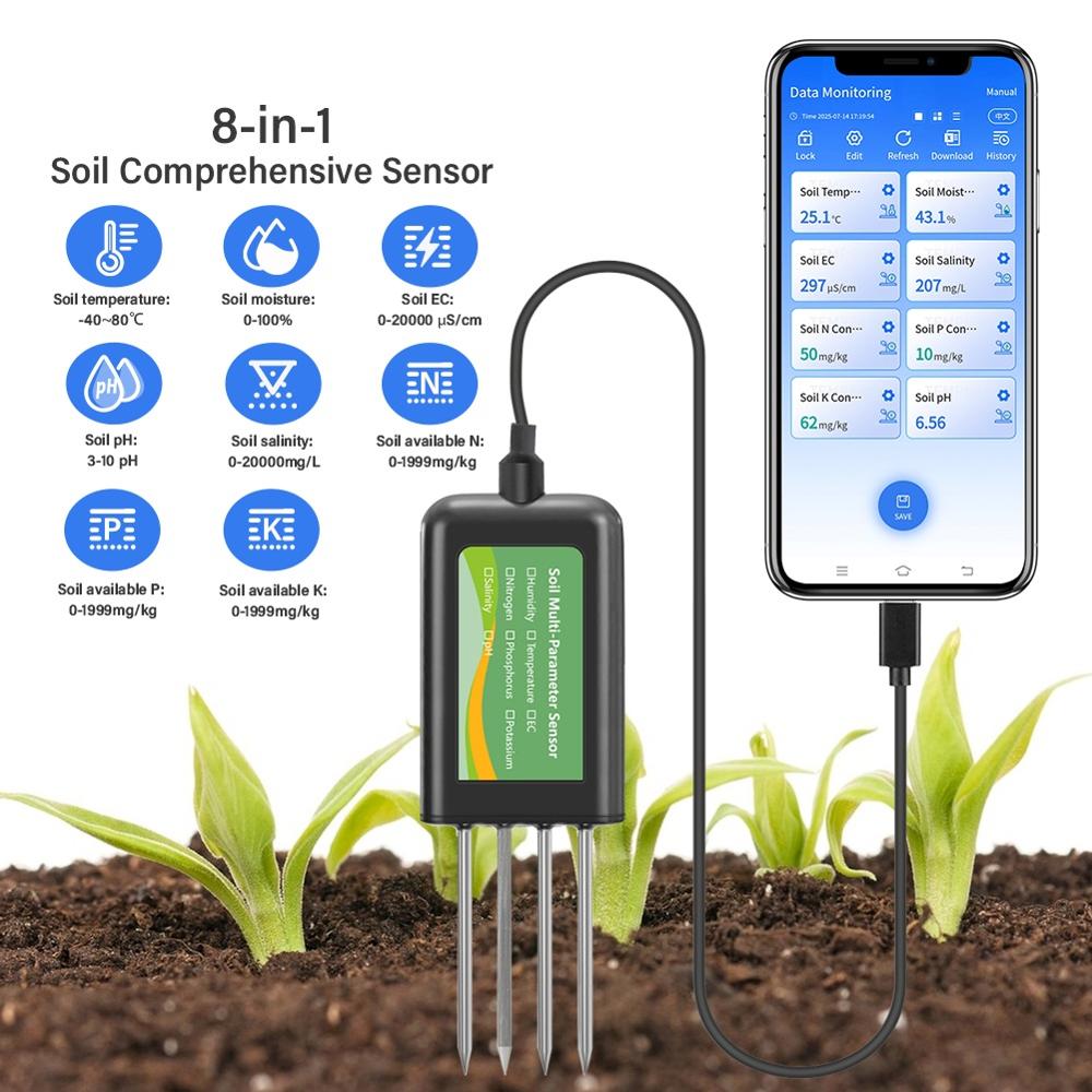 Medidor Digital de Suelo 8 en 1 Multiparámetro PH Nitrógeno Potasio Fósforo Conductividad Humedad