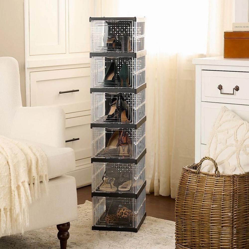 Zapatera Plegable De 6 Niveles Con Puerta Transparente - Color Negro