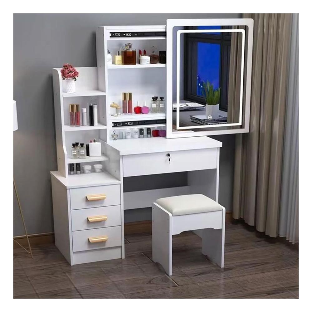 Tocador De Maquillaje Espejo Con Luz LED Taburete Para Dormitorio Blanco II