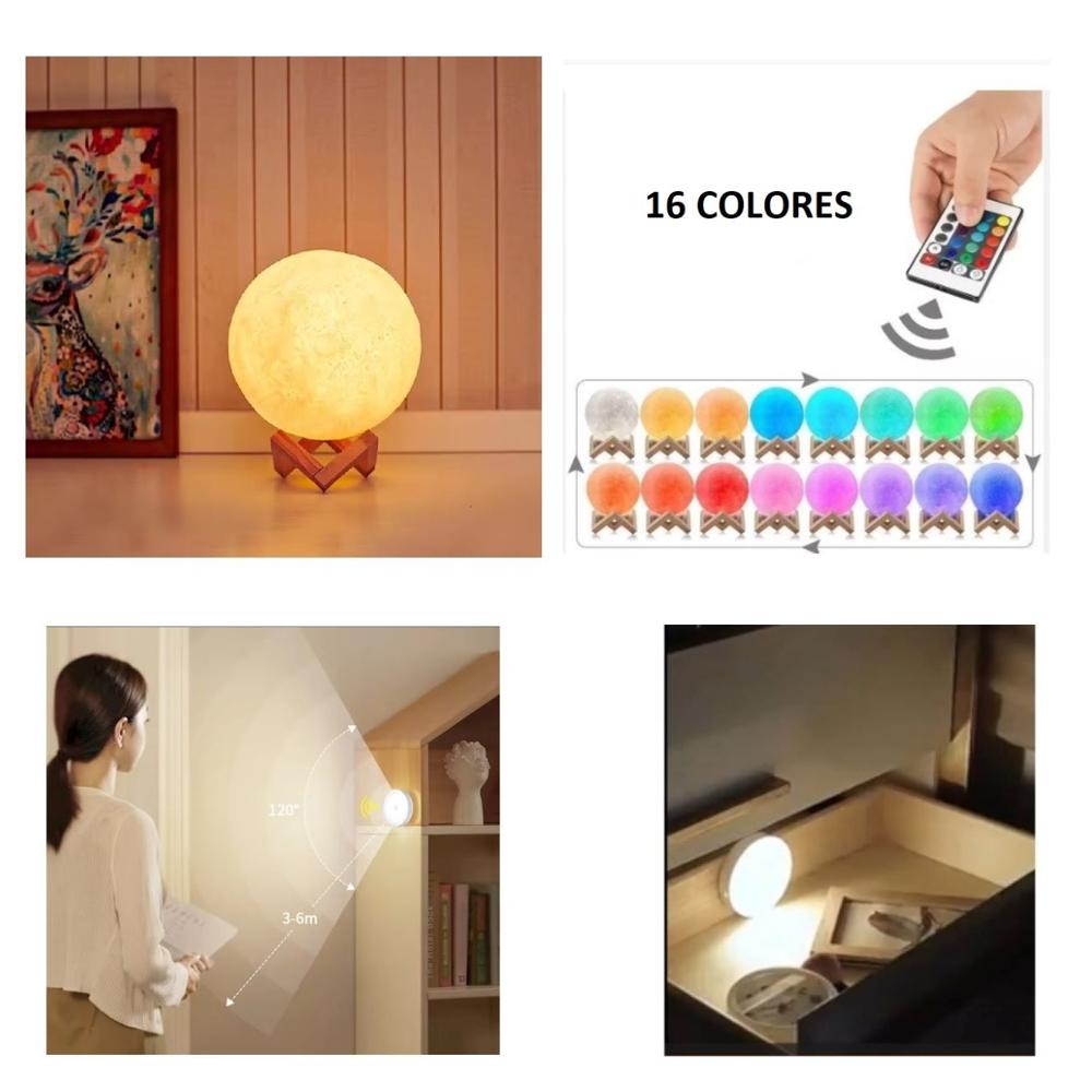 Pack Lámpara de Luna Led 15 cm 16 colores y Lámpara Led adosable con sensor