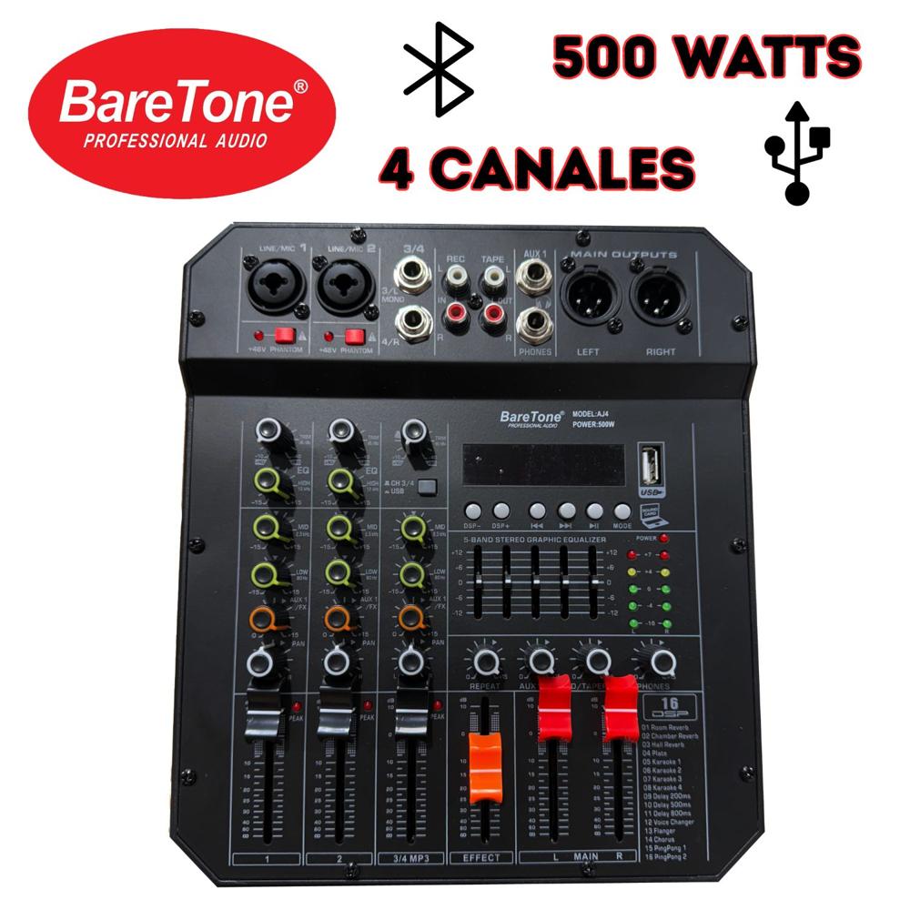 Mezcladora Amplificada Baretone AJ4 500 Watts 04 canales Interfaz AD-DA USB