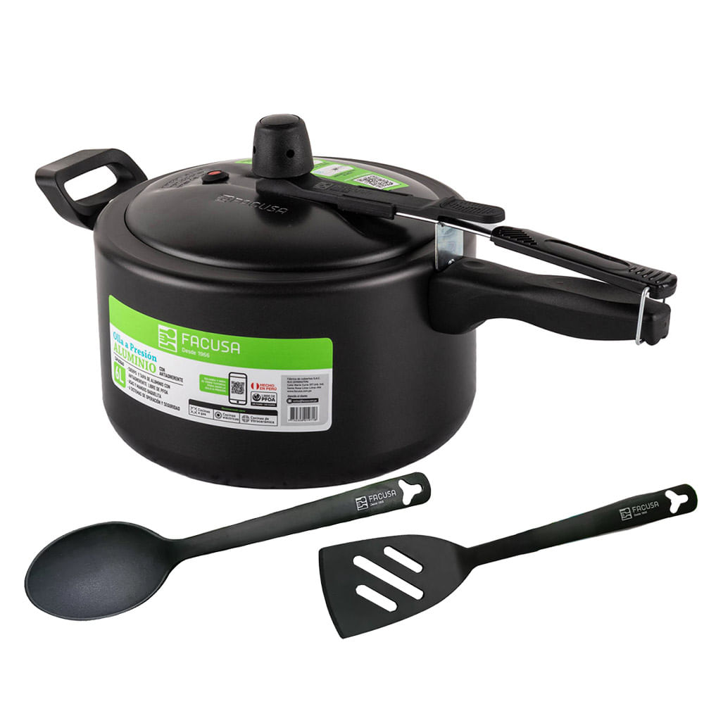 Olla a Presion 6 L Facusa Antiadherente Cierre Interno con Espat. y  Cuchara