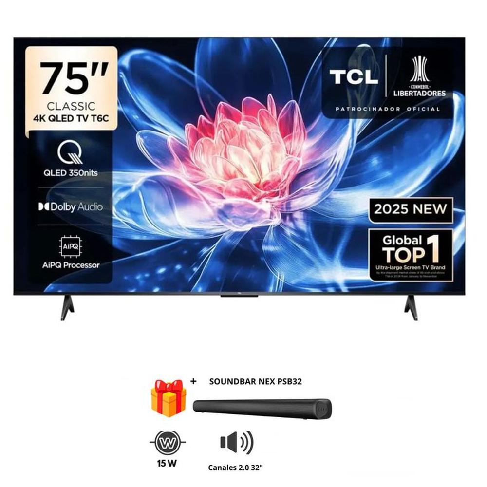 TELEVISOR TCL QLED 75 75T6C UHD 4K SMART TV MAS SOUNDBAR NEX TELEVISOR TCL QLED 75 75T6C UHD 4K SMART TV MAS SOUNDBAR NEX
