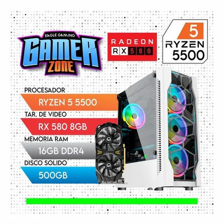 PC GAMER RYZEN 5 5500, RX580 8GB , SSD 500GB, 16GB RAM, CASE WHITE BLANCO RGB PC GAMER RYZEN 5 5500-RX580 8GB -SSD 500GB-16GB RAM- CASE WHITE BLANCO RGB