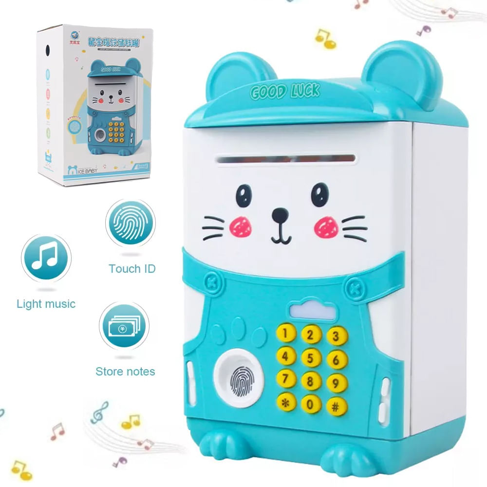 Alcancía Electrónica Gatito Celeste con Huella Digital
