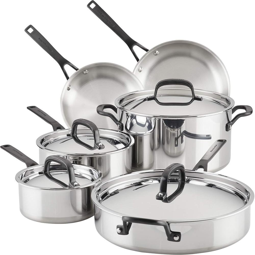 KitchenAid juego de ollas y sartenes 10 pzas, acero inoxidable pulido 5 capas