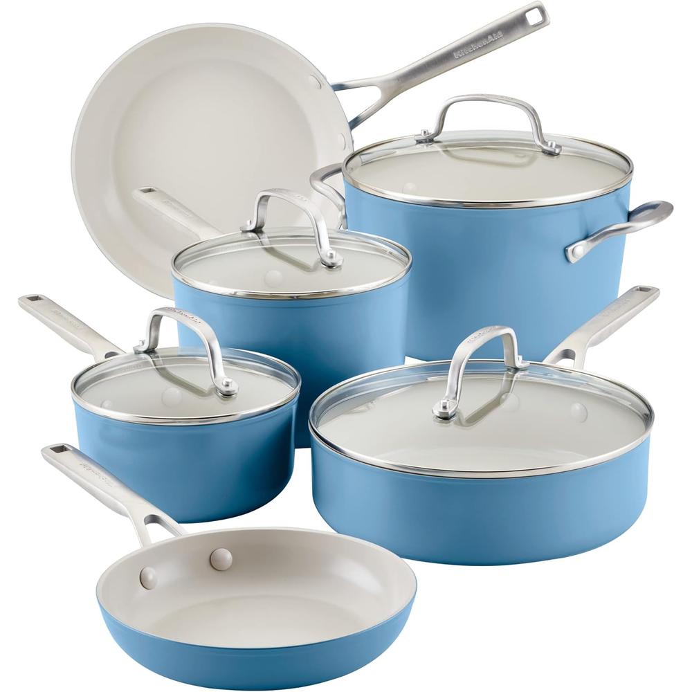 JUEGO DE OLLAS Y SARTENES ANODIZADAS DURAS 10 PIEZAS KITCHENAID | TERCIOPELO AZUL