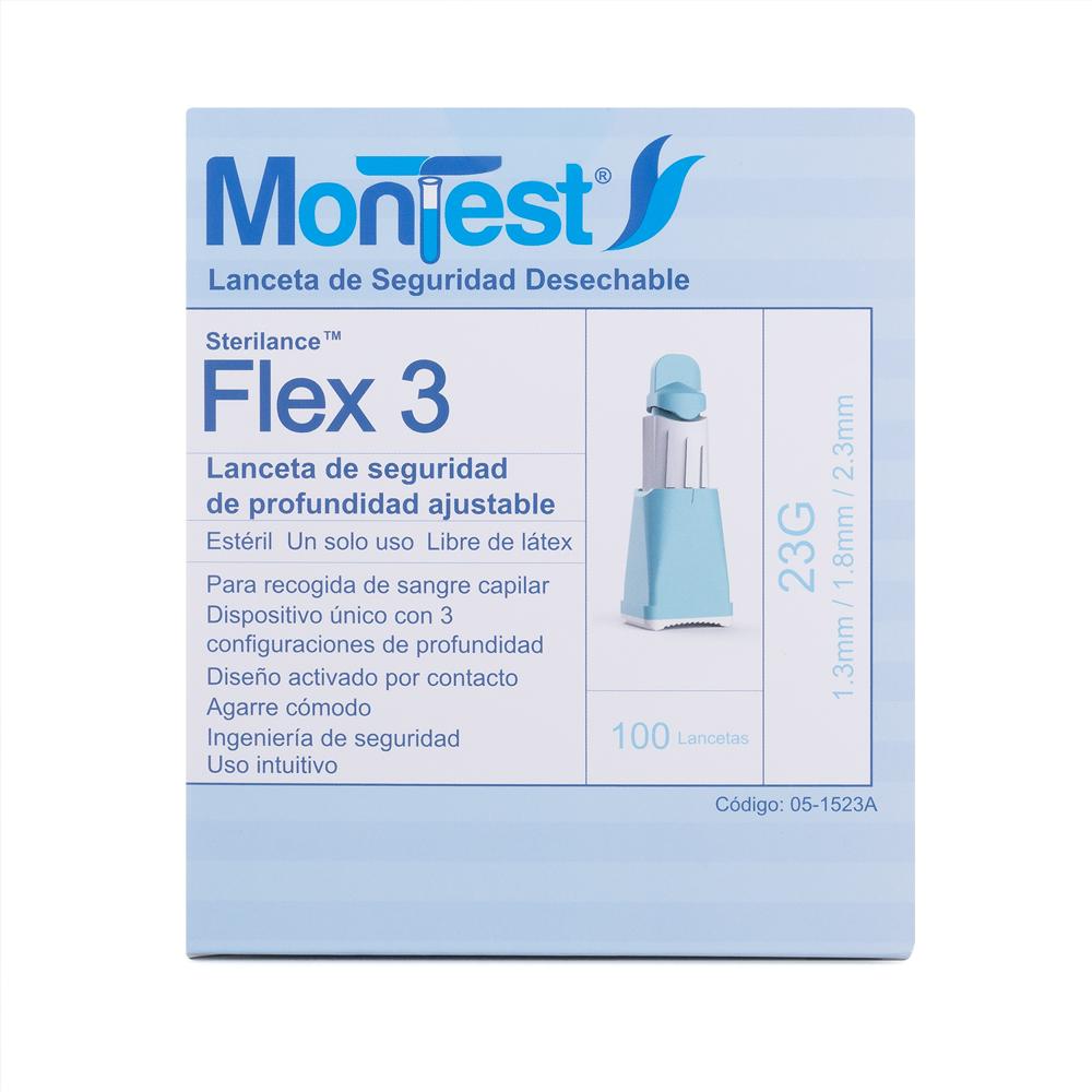 Lancetas Automáticas 23 G 3 Niv Montest Flex 3 Caja 100 Und