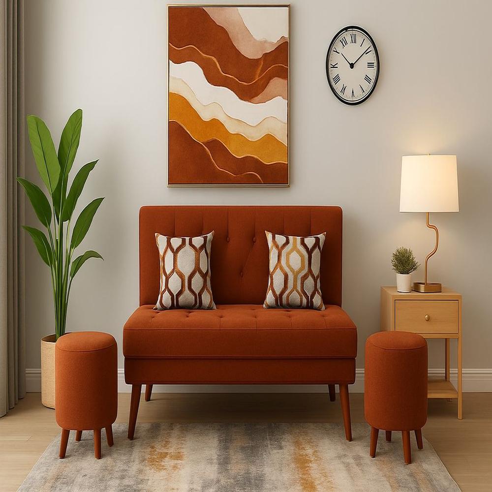 Juego Sofá Banqueta Palermo más Puffs circulares Terracota